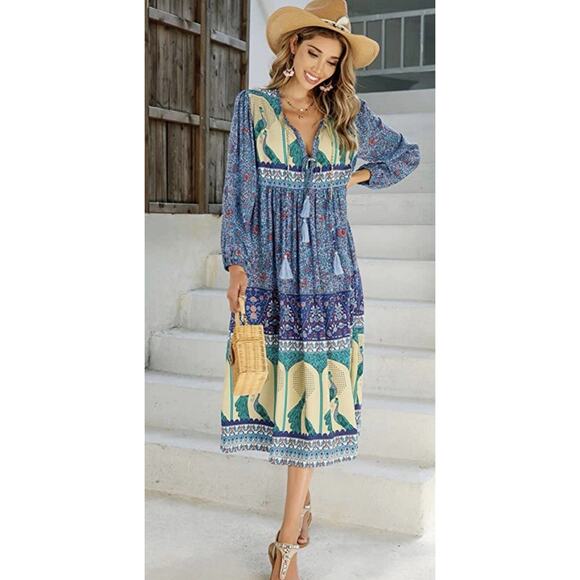 R. Vivimos Long Sleeve Bohemian Peacock Printed V-Neck Midi Dress Tassel Tie L - Picture 1 of 11